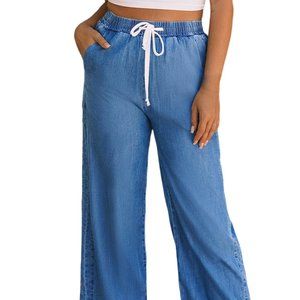 Women's Sky Blue Wide Leg Drawstring Waist Loose Pants Size 10